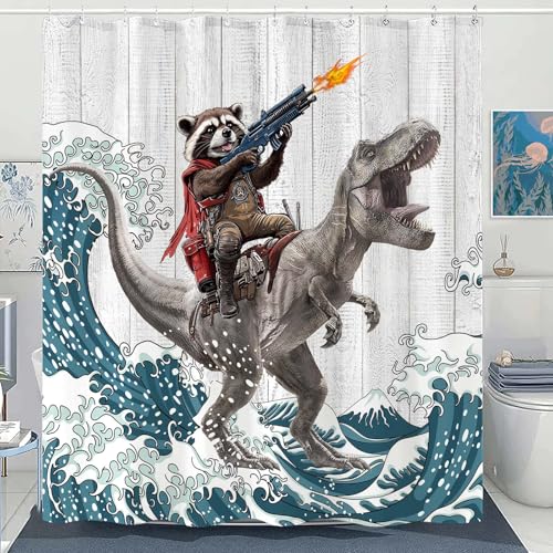 Accnicc Funny Raccoon Dinosaur Shower Curtain Fun Cool Animal Japanese Ocean Wave Shower Curtains for Bathroom Kids Unique Waterproof Fabric Rustic Wooden Farmhouse Bath Curtain Decor 72 X 72 Inches - Image 3
