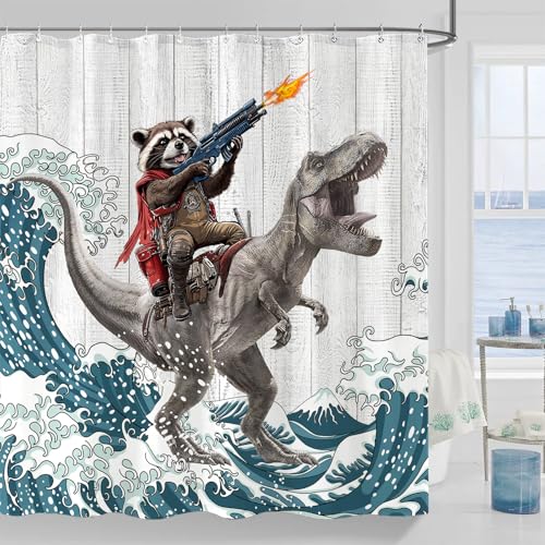 Accnicc Funny Raccoon Dinosaur Shower Curtain Fun Cool Animal Japanese Ocean Wave Shower Curtains for Bathroom Kids Unique Waterproof Fabric Rustic Wooden Farmhouse Bath Curtain Decor 72 X 72 Inches - Image 2
