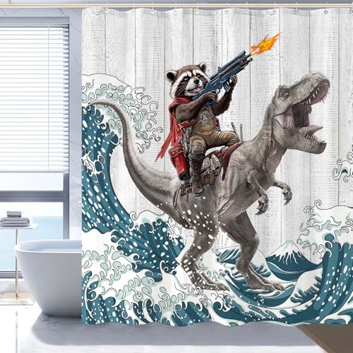 Accnicc Funny Raccoon Dinosaur Shower Curtain Fun Cool Animal Japanese Ocean Wave Shower Curtains for Bathroom Kids Unique Waterproof Fabric Rustic Wooden Farmhouse Bath Curtain Decor 72 X 72 Inches - Image 4