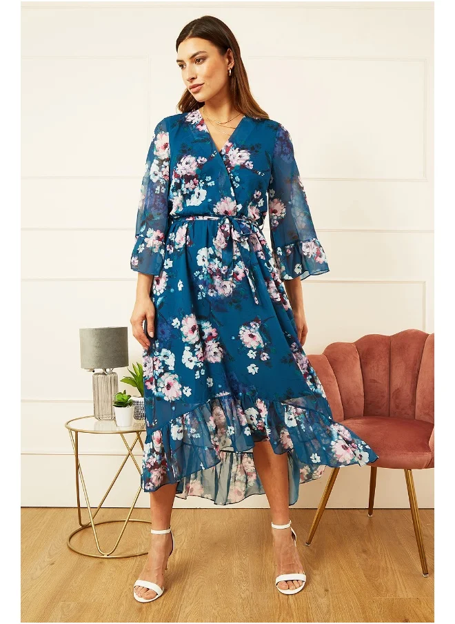 يامي Watercolour Floral Dip Hem Midi Dress