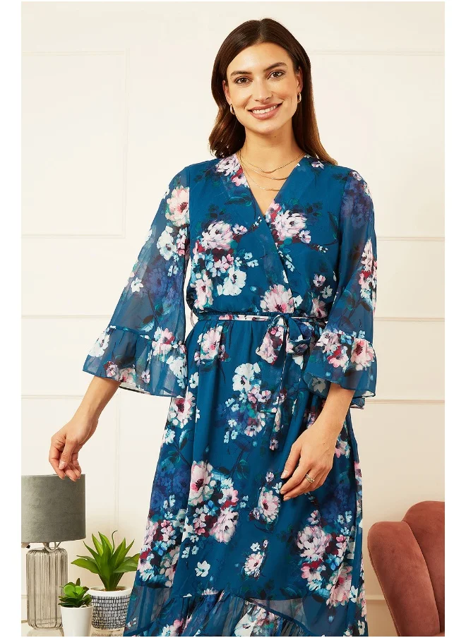 يامي Watercolour Floral Dip Hem Midi Dress