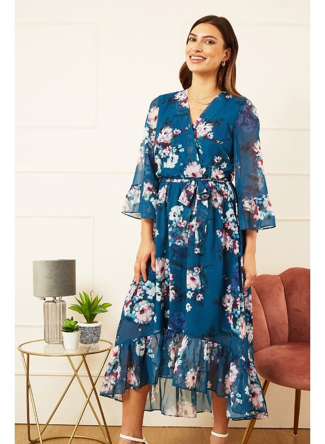 يامي فستان ميدي بياقة ملفوفة وطبعات زهور - Image 3