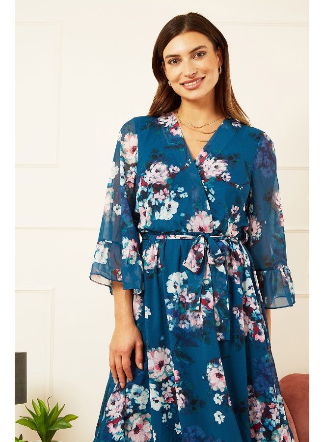 يامي فستان ميدي بياقة ملفوفة وطبعات زهور - Image 4