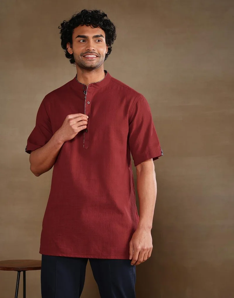 Fabindia Red Cotton Dobby Short Kurta