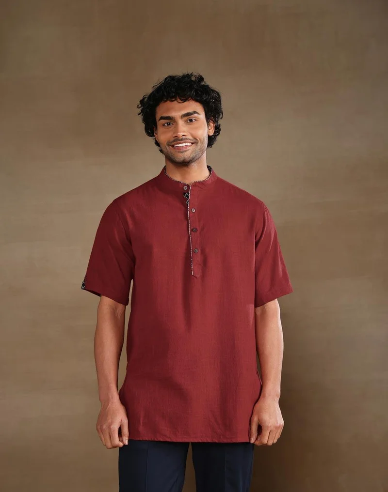 Fabindia Red Cotton Dobby Short Kurta