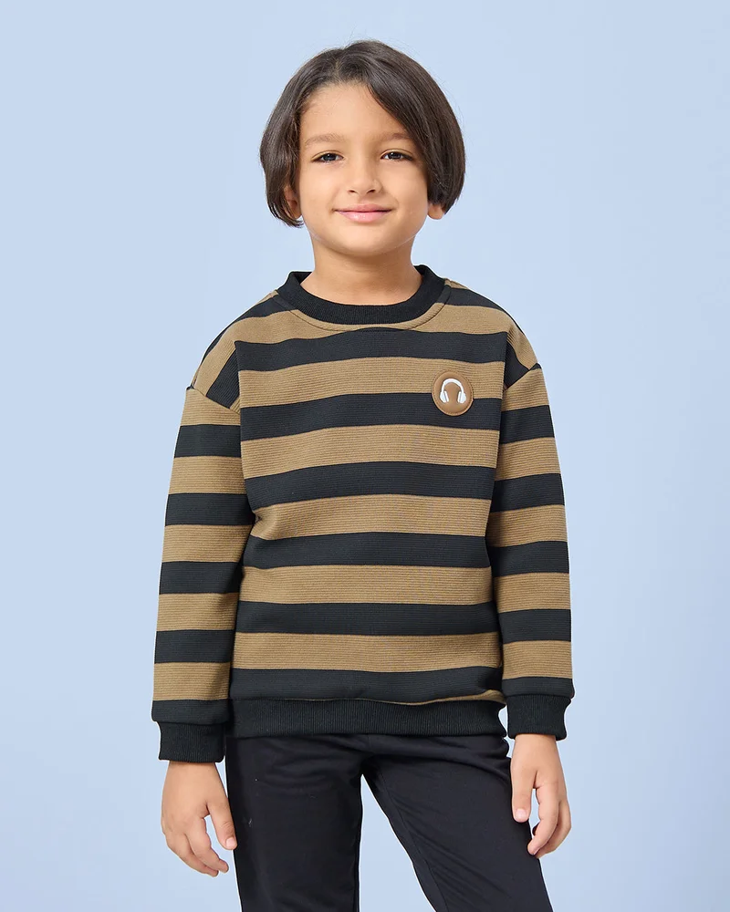 Redtag Boys Brown And Black Striped Sweatshirt