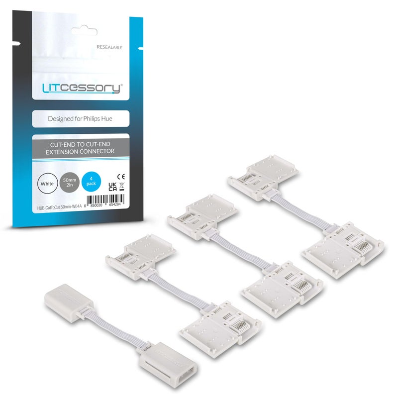 Litcessory Cut-End to Cut-End Extension Connector for Philips Hue Lightstrip Plus (2in, 4 Pack, White - MICRO 6-PIN V4) - Image 1