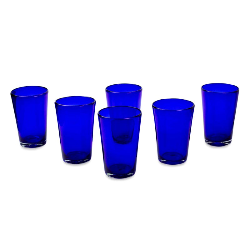 NOVICA Handmade Drinking Glasses Handblown Recycled Blue Tumbler Drinkware Set of 6 from Mexico Cobalt Angles