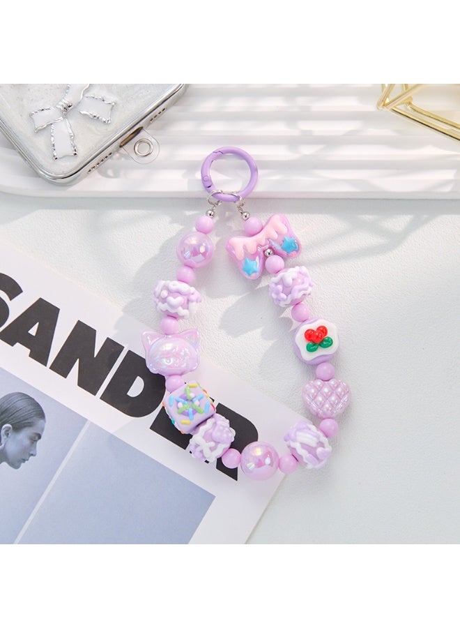 NIBEMINENT Beaded Phone Lanyard, Anti Lost Removable Wrist Strap, Cute Cartoon Character Bracelet Pendant, Phone Keychain Lanyard,Light Purple