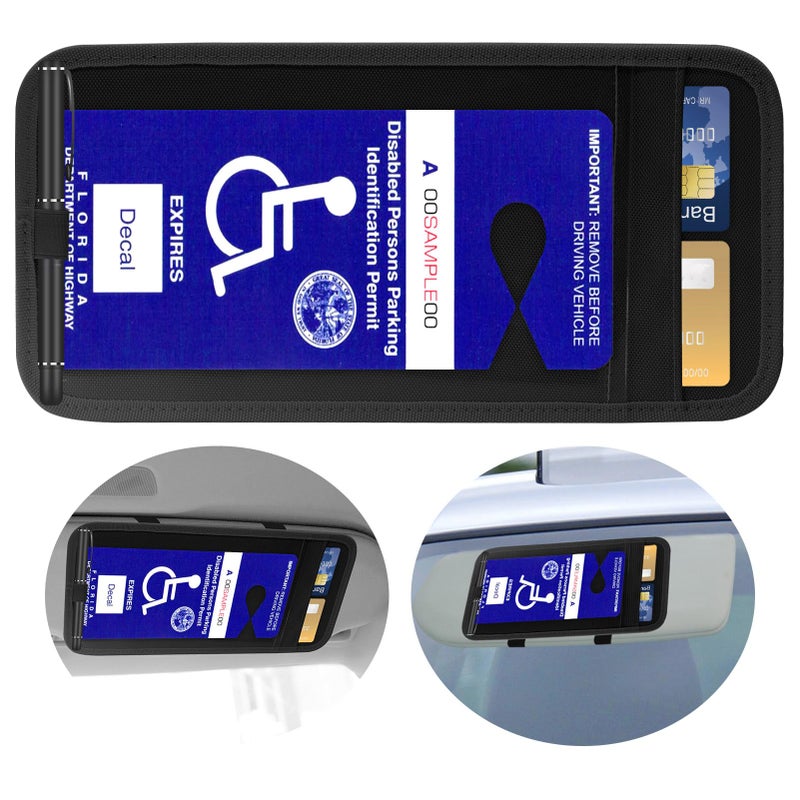 CHIMUYU Handicap Placard Holder for Car, Disabled Parking Permit Sign Protector for Car Visor Auto Card Clip with Pen Holder, Note Paper Card Slot, Elastic Strap (1, Black) - Image 1
