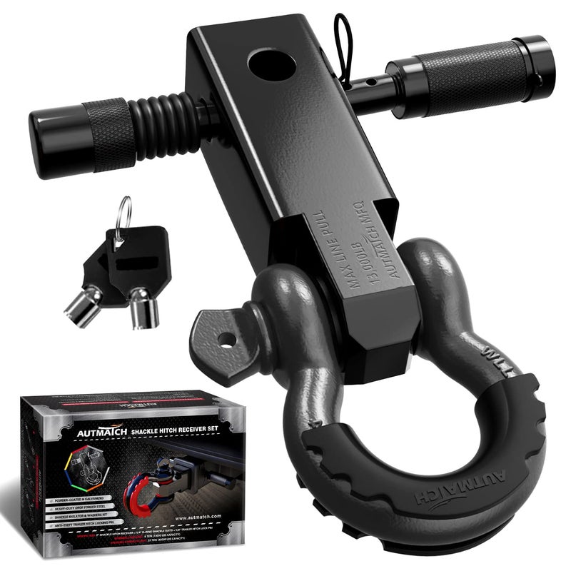 AUTMATCH Shackle Hitch Receiver 2 Inch 34 D Ring Shackle and 58 Trailer Hitch Lock Pin 45000 Lbs Break Strength Heavy Duty Receiver Towing Kit for OffRoad Vehicle Recovery Black Gunmetal