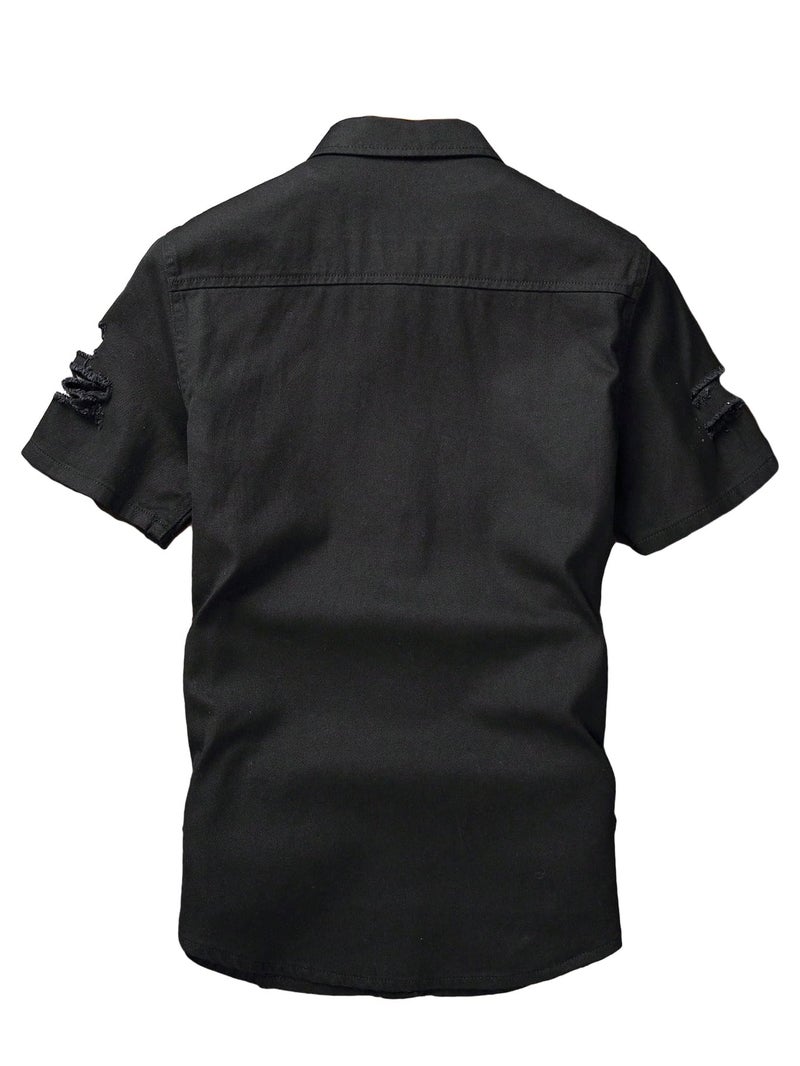 Floerns Men's Causal Ripped Button Front Dual Pocket Short Sleeve Denim Shirt Without Tee Black M - Image 2
