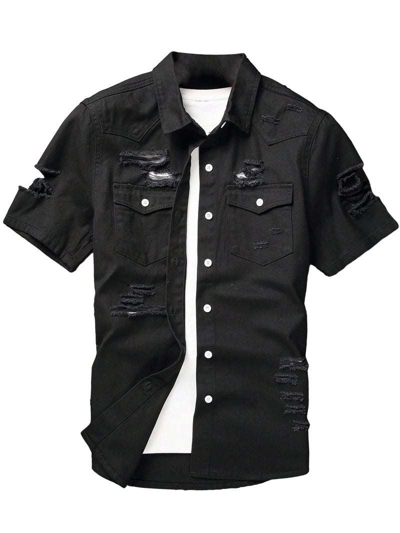 Floerns Men's Causal Ripped Button Front Dual Pocket Short Sleeve Denim Shirt Without Tee Black M - Image 1
