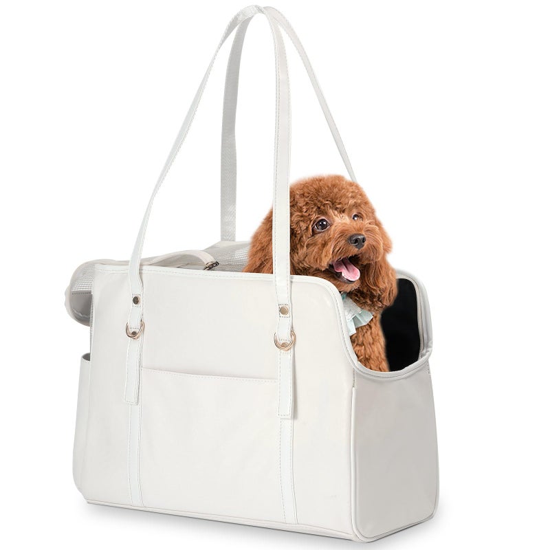 Lasaviin Dog Carrier Purse Fashion Leather Pet Carrier with Pockets Airline Approved Soft Sided Dog Carrying Bag for Puppy Cat Dog White - Image 2