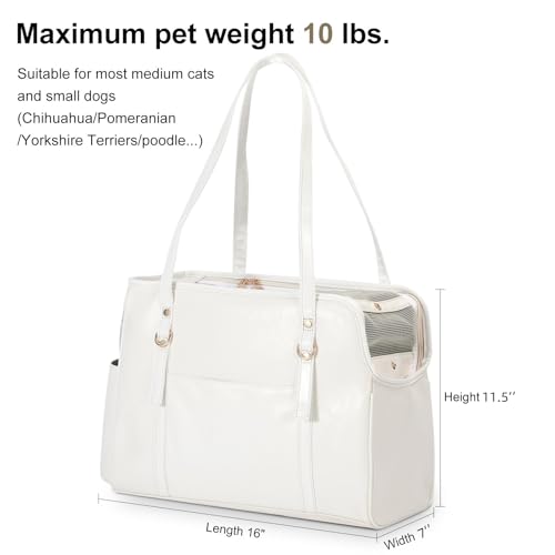 Lasaviin Dog Carrier Purse Fashion Leather Pet Carrier with Pockets Airline Approved Soft Sided Dog Carrying Bag for Puppy Cat Dog White - Image 3
