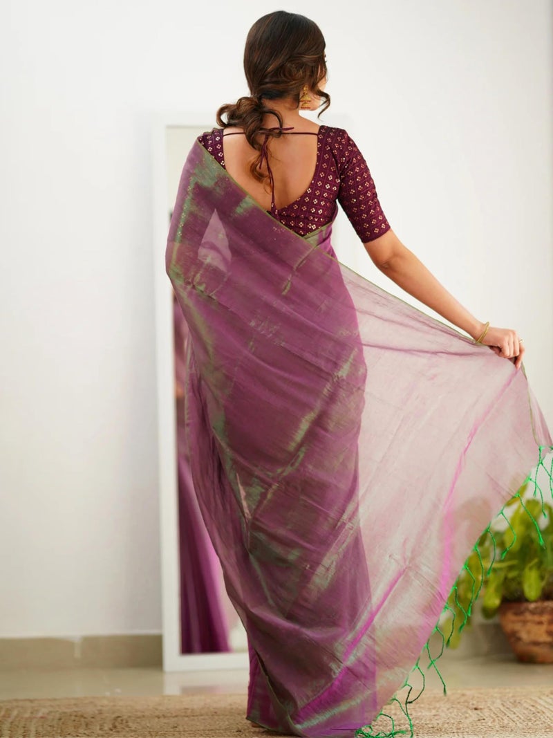 TRENDMALLS Women's Pure Tissue Cotton Handloom South indian Style Saree with Dhupion Silk Embroidery Unstitched Blouse Piece (K1252-Purple) - Image 2