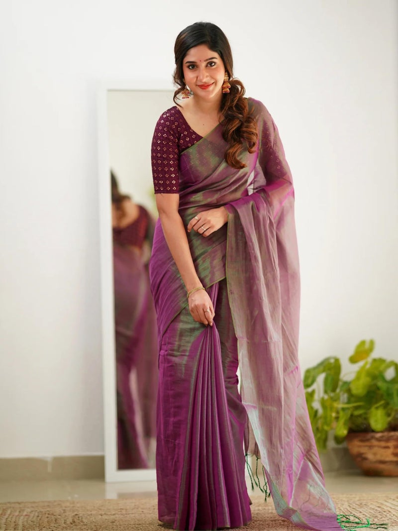 TRENDMALLS Women's Pure Tissue Cotton Handloom South indian Style Saree with Dhupion Silk Embroidery Unstitched Blouse Piece (K1252-Purple) - Image 3