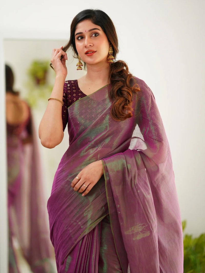 TRENDMALLS Women's Pure Tissue Cotton Handloom South indian Style Saree with Dhupion Silk Embroidery Unstitched Blouse Piece (K1252-Purple) - Image 4