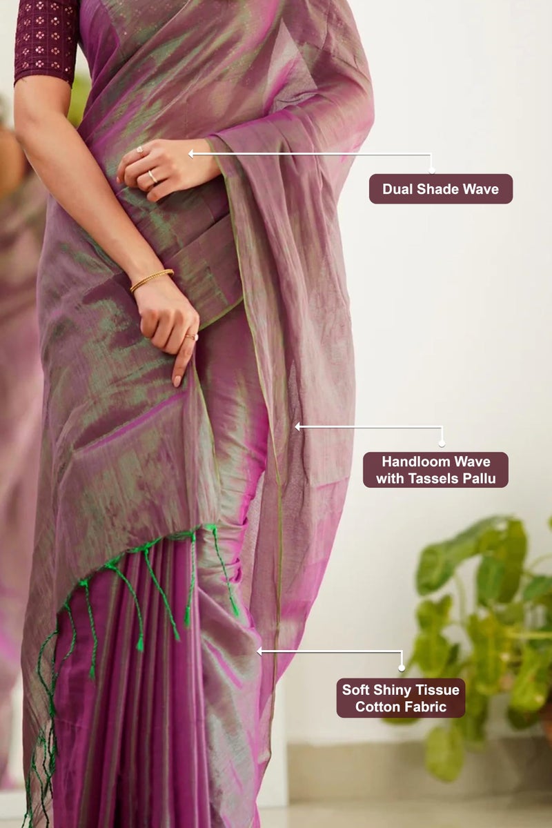 TRENDMALLS Women's Pure Tissue Cotton Handloom South indian Style Saree with Dhupion Silk Embroidery Unstitched Blouse Piece (K1252-Purple) - Image 5