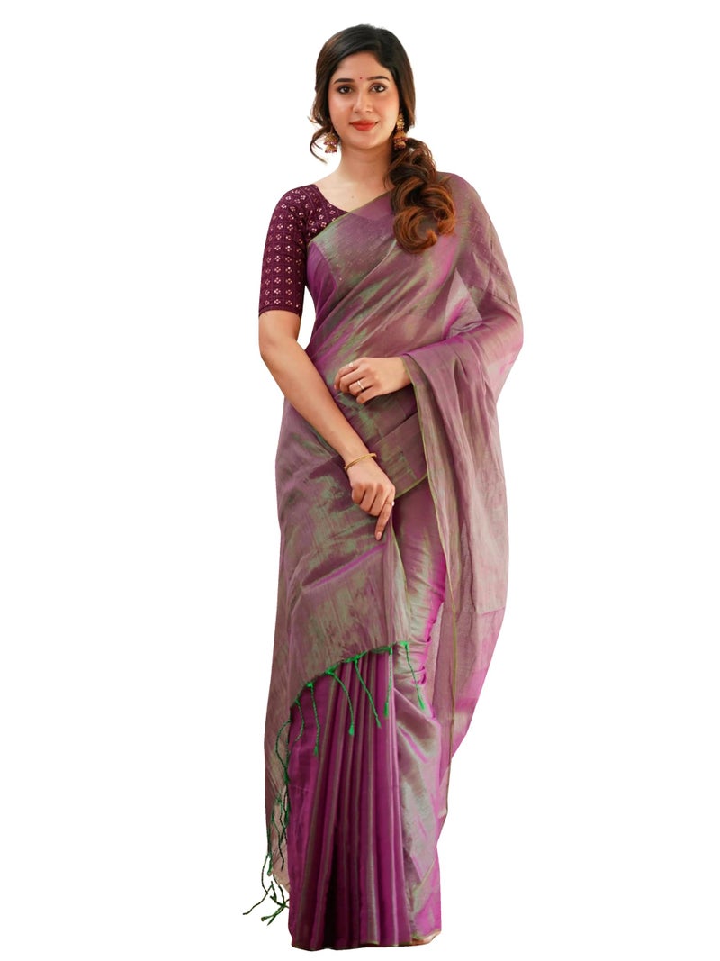 TRENDMALLS Women's Pure Tissue Cotton Handloom South indian Style Saree with Dhupion Silk Embroidery Unstitched Blouse Piece (K1252-Purple) - Image 1