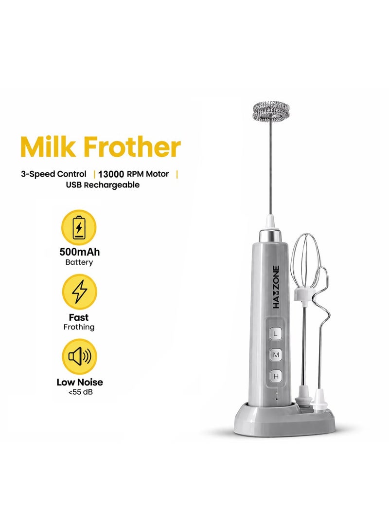Hamzone Rechargeable Handheld Milk Frother with Detachable Stainless Steel Whisk & Stand, USB Electric Foam Maker for Coffee, Latte, Cappuccino, Matcha & Hot Chocolate, Grey - Image 1