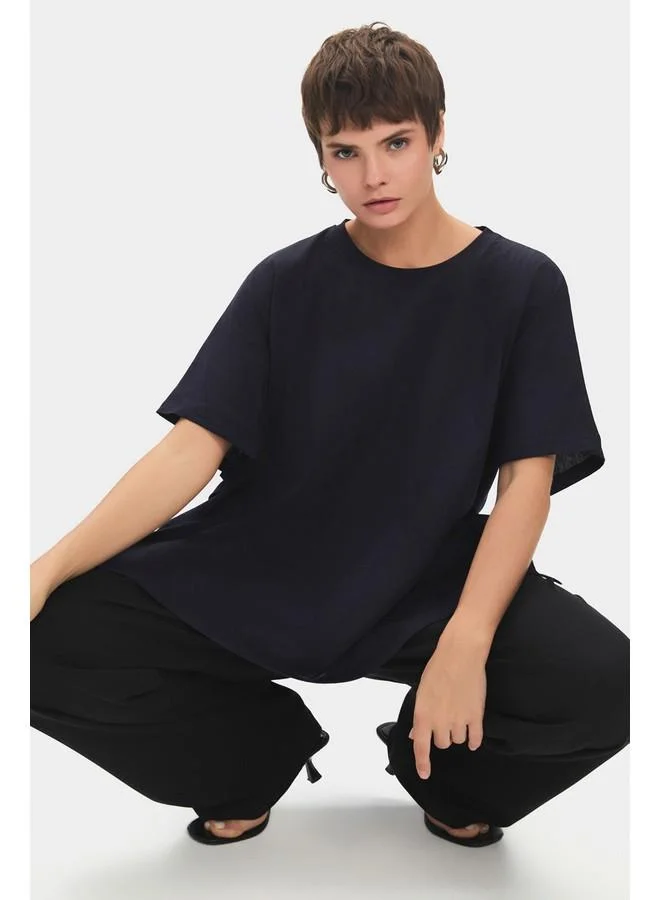 JUNE June Women 100% Cotton Oversize/loose Fit Crew Neck Flowy Tshirt Navy