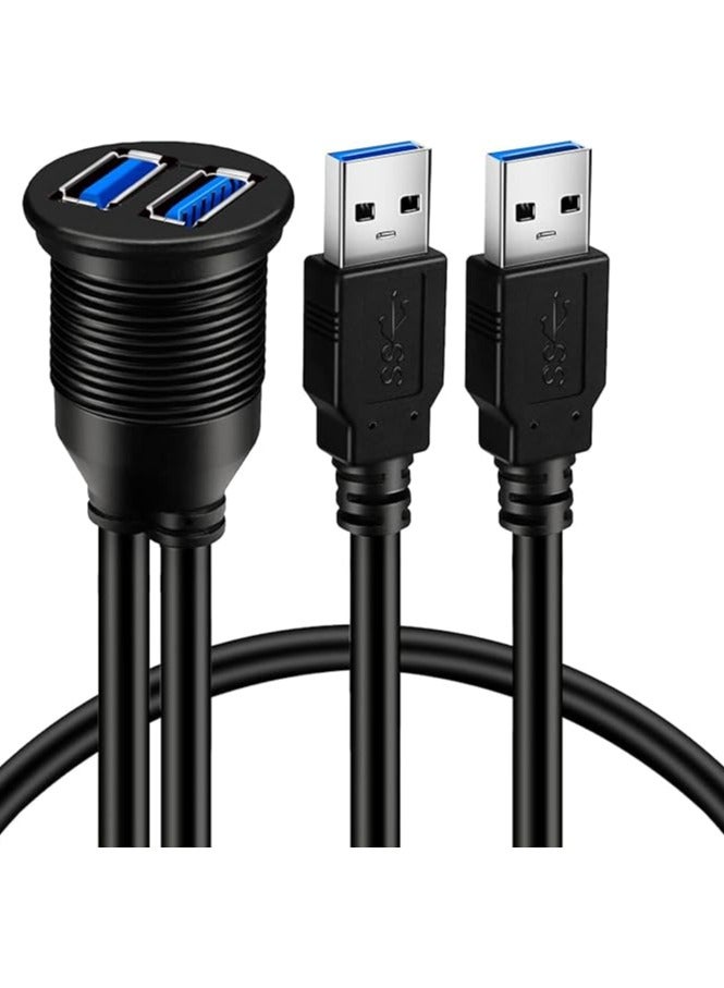 Green Tiger 2 Ports Dual USB 3.0 Male to USB 3.0 Female AUX Flush Mount Car Mount Extension Cable for Car Truck Boat Motorcycle Dashboard Panel 1ft - Image 1