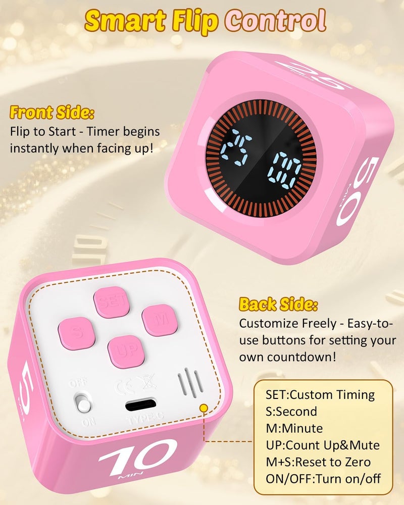 COWVTUJ Pomodoro Timer Cube Visual Productivity Flip Timer for Kids Classroom Desk, 5/10/25/50min&Custom Countdown, Silent&Sound Mode Digital Cube for ADHD Study Work School Game Kitchen (Pink) - Image 4