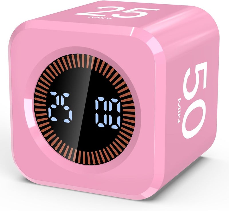 COWVTUJ Pomodoro Timer Cube Visual Productivity Flip Timer for Kids Classroom Desk, 5/10/25/50min&Custom Countdown, Silent&Sound Mode Digital Cube for ADHD Study Work School Game Kitchen (Pink) - Image 1