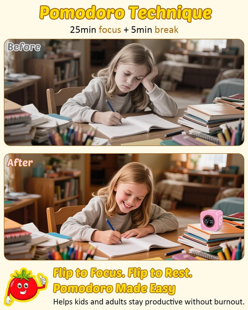 COWVTUJ Pomodoro Timer Cube Visual Productivity Flip Timer for Kids Classroom Desk, 5/10/25/50min&Custom Countdown, Silent&Sound Mode Digital Cube for ADHD Study Work School Game Kitchen (Pink) - Image 3