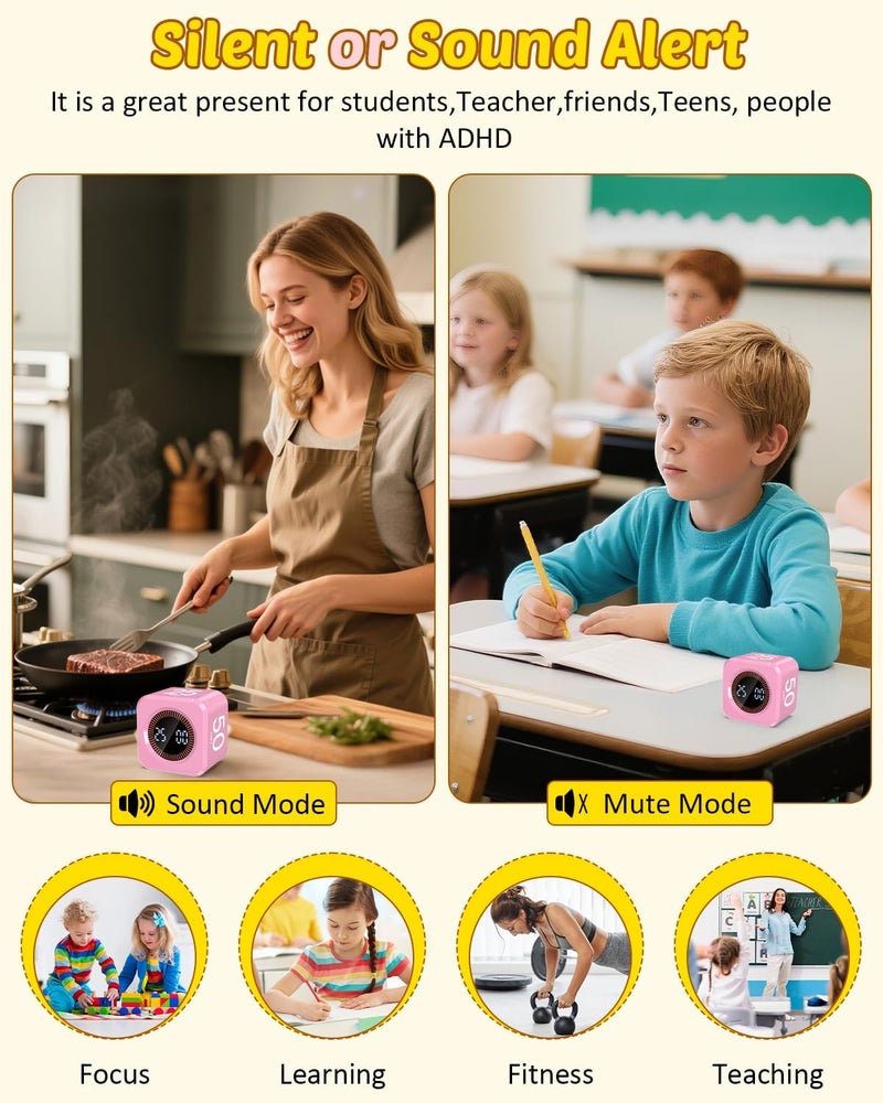 COWVTUJ Pomodoro Timer Cube Visual Productivity Flip Timer for Kids Classroom Desk, 5/10/25/50min&Custom Countdown, Silent&Sound Mode Digital Cube for ADHD Study Work School Game Kitchen (Pink) - Image 5