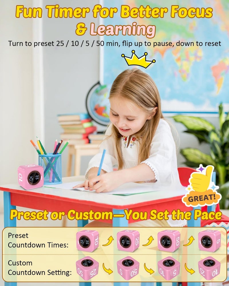 COWVTUJ Pomodoro Timer Cube Visual Productivity Flip Timer for Kids Classroom Desk, 5/10/25/50min&Custom Countdown, Silent&Sound Mode Digital Cube for ADHD Study Work School Game Kitchen (Pink) - Image 2