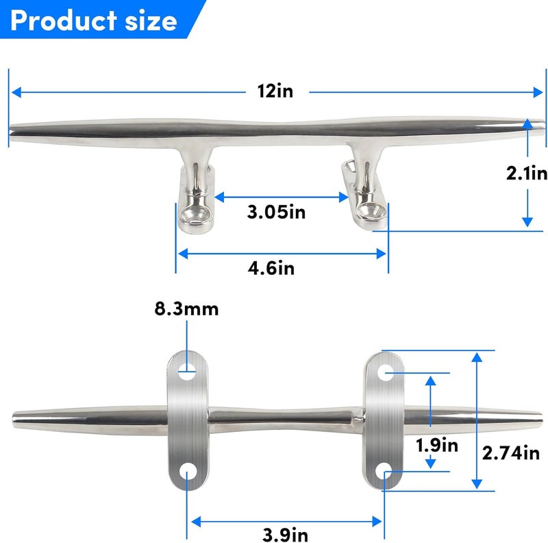VEITHI 8/10/12/15 inch Dock Cleats - 316 Stainless Steel Boat Cleats Boat Dock Cleats,Open Base Dock Cleat with Fasteners,Marine Cleat Rope Cleat Boat Cleat for Boat/Deck/Nautical Decor(1,2,4,6 Pack) - Image 2
