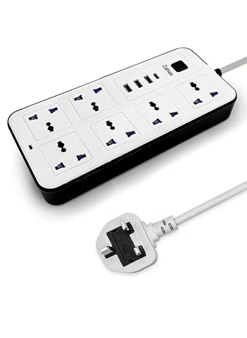 ZAPRUS 10-in-1 Multi plug Power Extension Socket – 2500W Power Strip with 6 Universal AC Outlets, 3 USB Ports & 1 Type-C PD Fast Charger | 3M Heavy-Duty Cable | 3.4A Smart Auto-ID | Anti-Static & Overload Protection (White) - Image 1