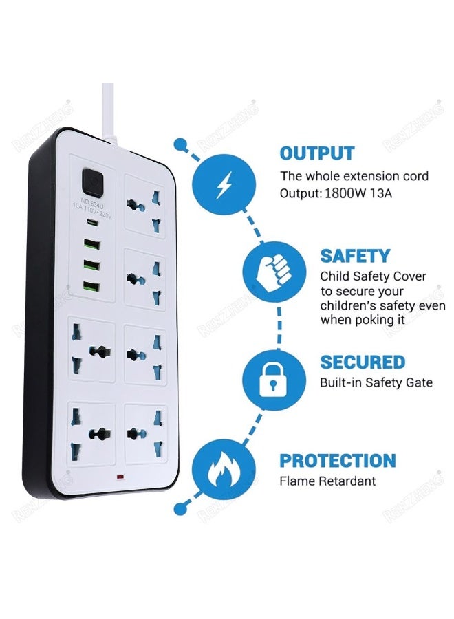 10-in-1 Multi plug Power Extension Socket – 2500W Power Strip with 6 Universal AC Outlets, 3 USB Ports & 1 Type-C PD Fast Charger | 3M Heavy-Duty Cable | 3.4A Smart Auto-ID | Anti-Static & Overload Protection (White) - Image 3