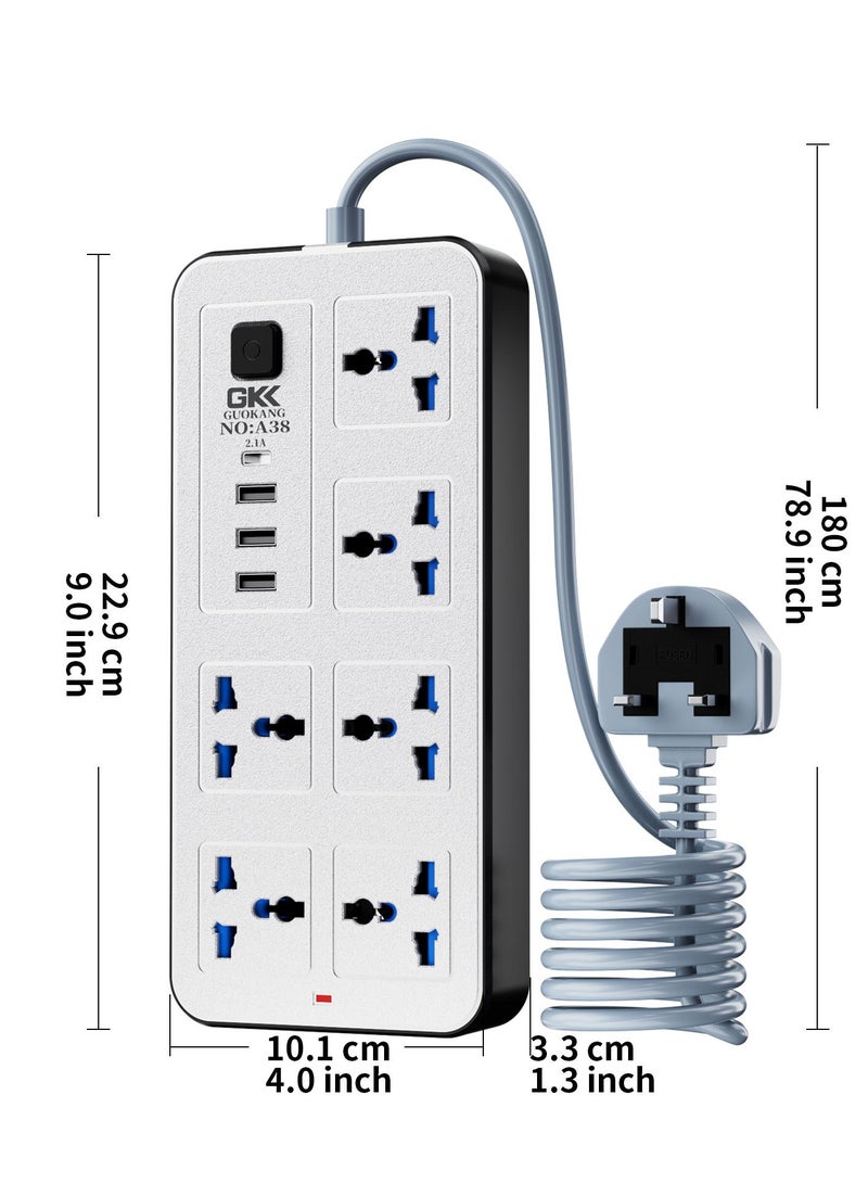 10-in-1 Multi plug Power Extension Socket – 2500W Power Strip with 6 Universal AC Outlets, 3 USB Ports & 1 Type-C PD Fast Charger | 3M Heavy-Duty Cable | 3.4A Smart Auto-ID | Anti-Static & Overload Protection (White) - Image 2