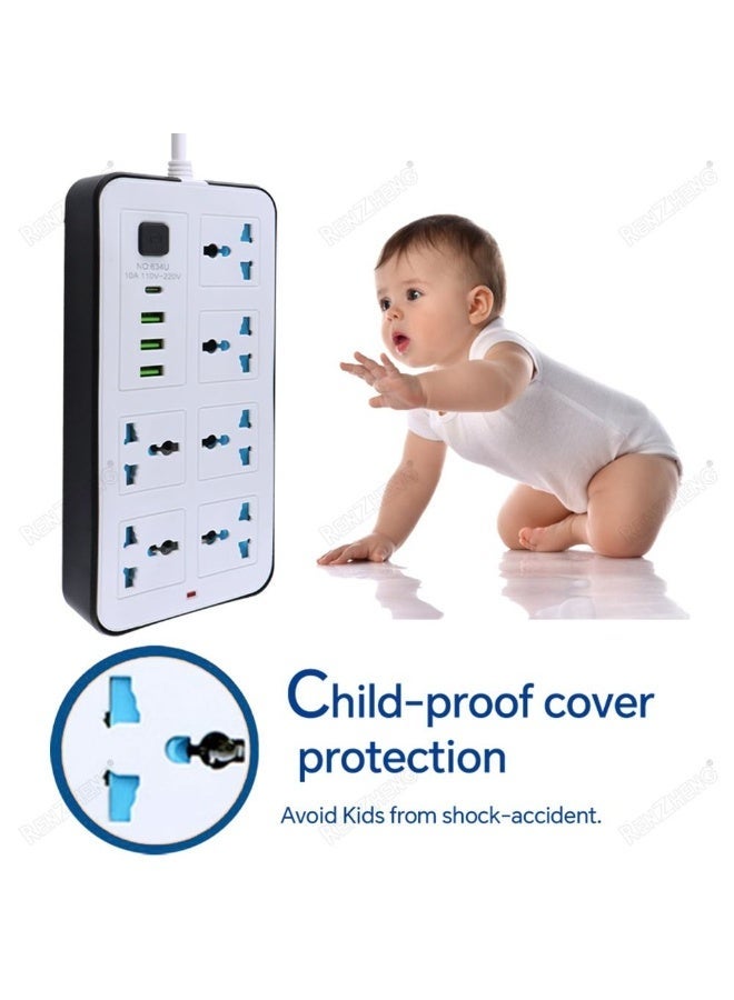 10-in-1 Multi plug Power Extension Socket – 2500W Power Strip with 6 Universal AC Outlets, 3 USB Ports & 1 Type-C PD Fast Charger | 3M Heavy-Duty Cable | 3.4A Smart Auto-ID | Anti-Static & Overload Protection - Image 4