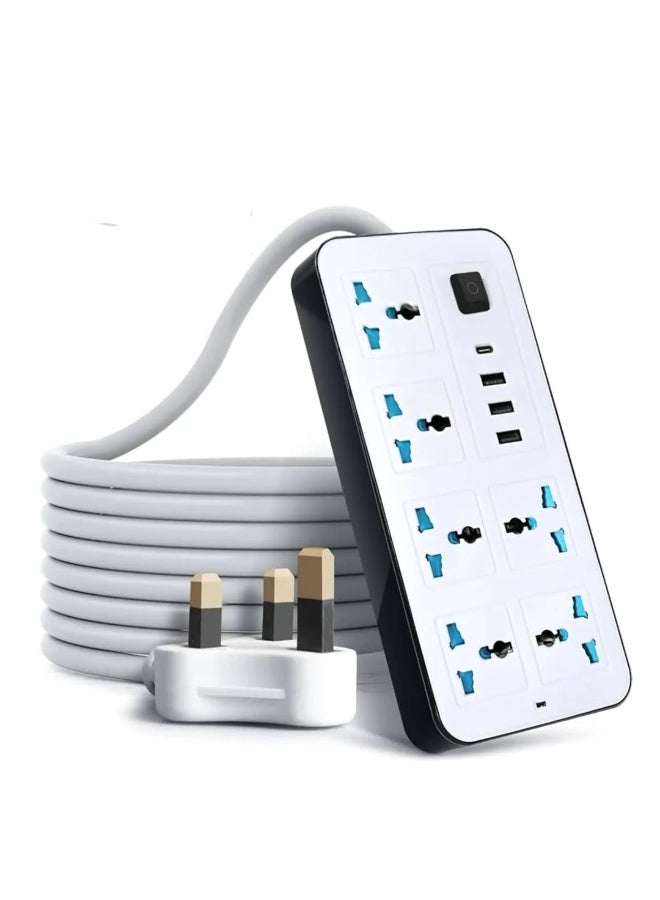 10-in-1 Multi plug Power Extension Socket – 2500W Power Strip with 6 Universal AC Outlets, 3 USB Ports & 1 Type-C PD Fast Charger | 3M Heavy-Duty Cable | 3.4A Smart Auto-ID | Anti-Static & Overload Protection - Image 1