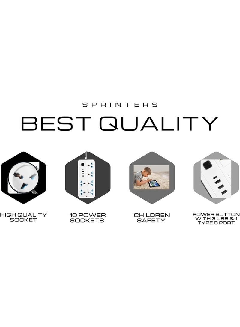 10-in-1 Multi plug Power Extension Socket – 2500W Power Strip with 6 Universal AC Outlets, 3 USB Ports & 1 Type-C PD Fast Charger | 3M Heavy-Duty Cable | 3.4A Smart Auto-ID | Anti-Static & Overload Protection - Image 5