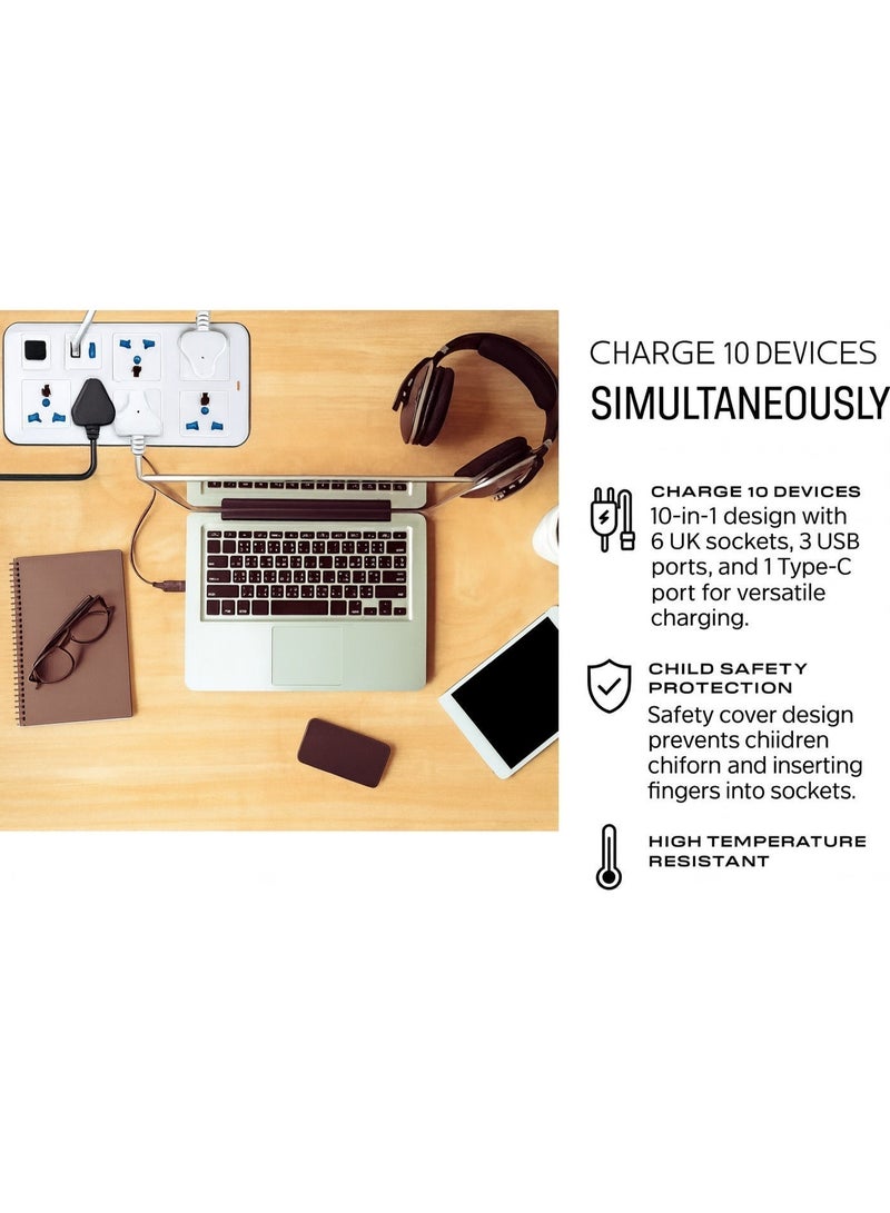10-in-1 Multi plug Power Extension Socket – 2500W Power Strip with 6 Universal AC Outlets, 3 USB Ports & 1 Type-C PD Fast Charger | 3M Heavy-Duty Cable | 3.4A Smart Auto-ID | Anti-Static & Overload Protection - Image 4