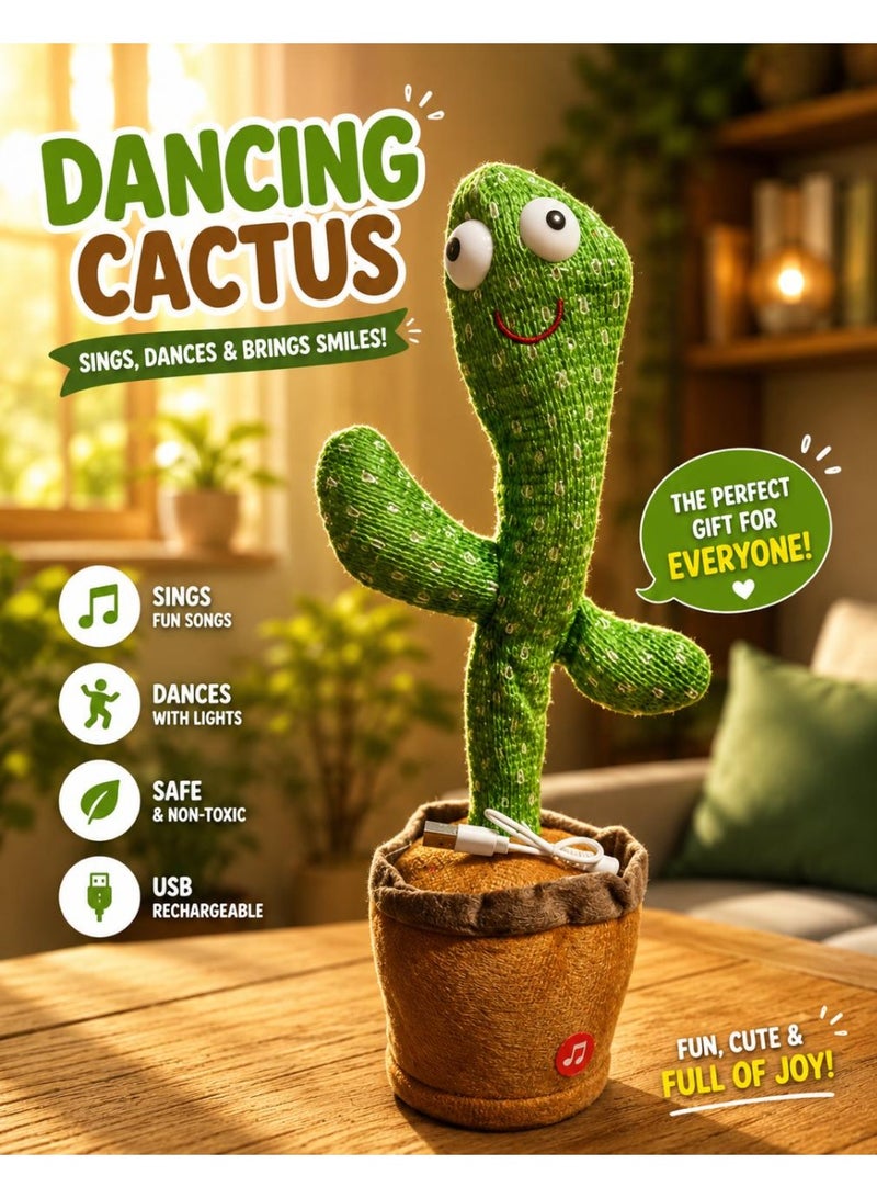 Dancing Cactus Toy – Singing & Talking Mimicking Plush Cactus with Music, Dance, Voice Repeat, LED Lights, USB Rechargeable Interactive Toy for Kids & Home Decoration Gift