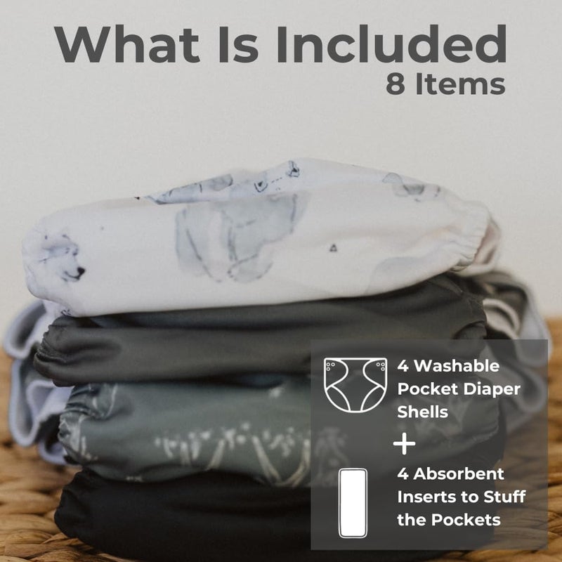 Nora's Nursery Cloth Pocket Diapers 4 Pack with 4 Inserts - Waterproof Cover, Washable, Reusable & One Size Adjustable Pocket Diapers for Newborns and Toddlers - Mama Bear - Image 2