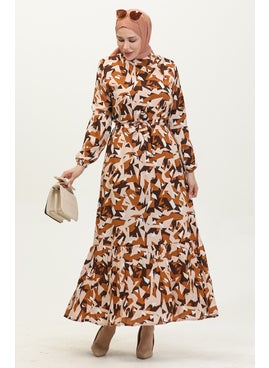 Sefa Merve Mixed Pattern Belted Viscose Dress 0420-03 Brown  - Image 1