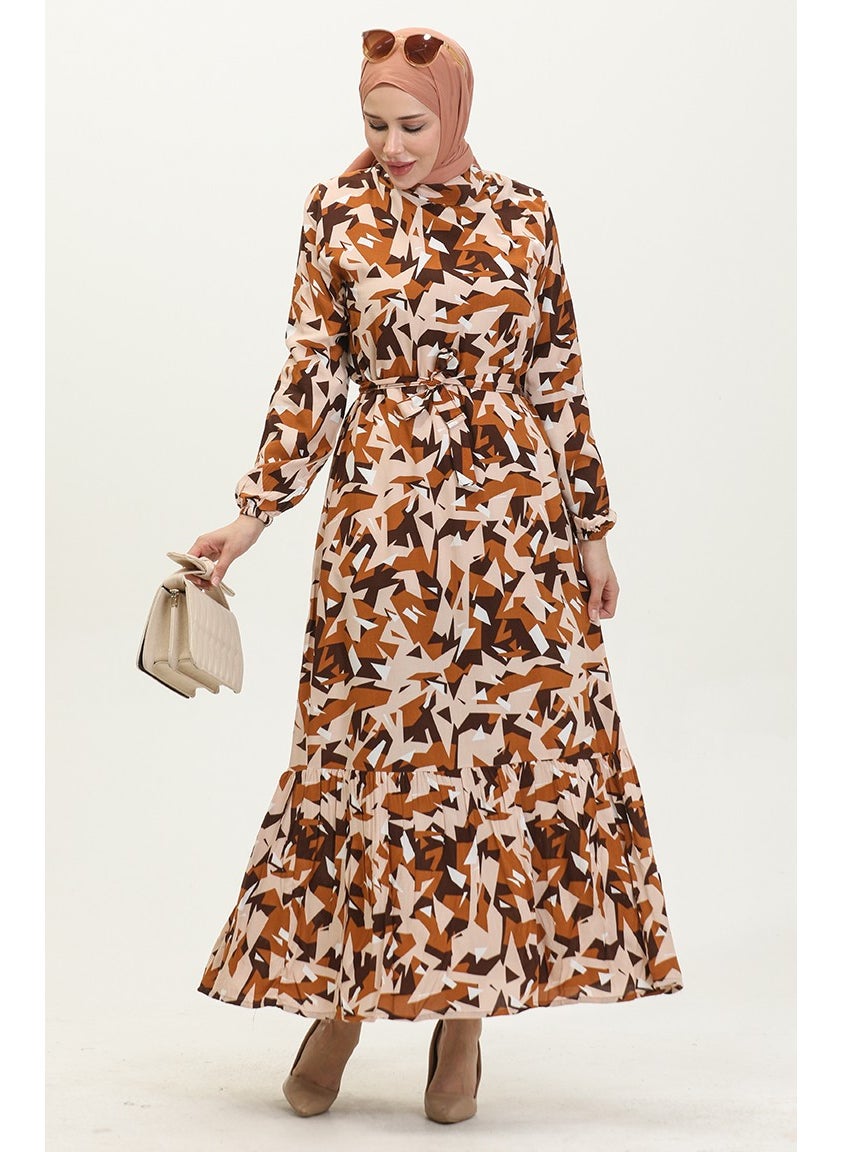 Sefa Merve - Mixed Pattern Belted Viscose Dress 0420-03 Brown - Image 1