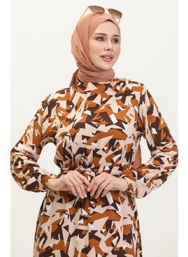 Sefa Merve Mixed Pattern Belted Viscose Dress 0420-03 Brown  - Image 5