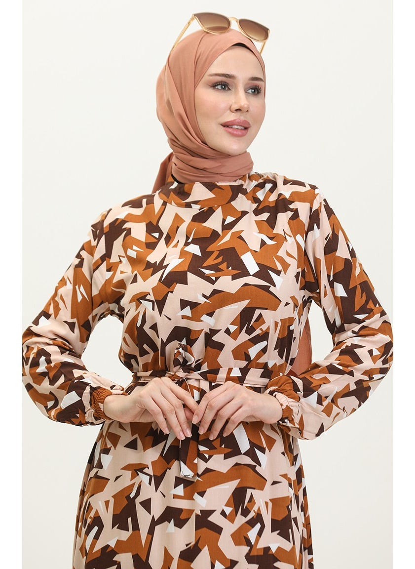 Sefa Merve - Mixed Pattern Belted Viscose Dress 0420-03 Brown - Image 1