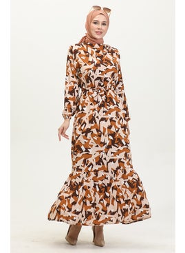 Sefa Merve Mixed Pattern Belted Viscose Dress 0420-03 Brown  - Image 3