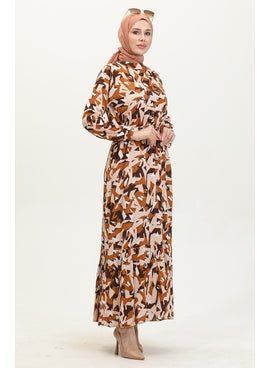 Sefa Merve Mixed Pattern Belted Viscose Dress 0420-03 Brown  - Image 2