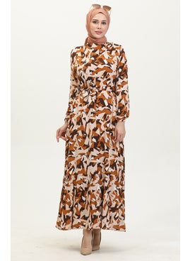 Sefa Merve Mixed Pattern Belted Viscose Dress 0420-03 Brown  - Image 4
