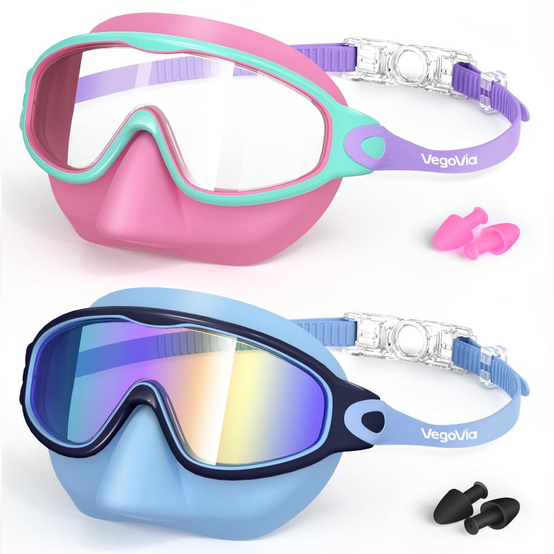 VegoVia 2 Pack Kids Swim Goggles with Nose Cover AntiFog UV Protection Swimming Goggles for Girl and Boy Youth 312Wide View - Image 2